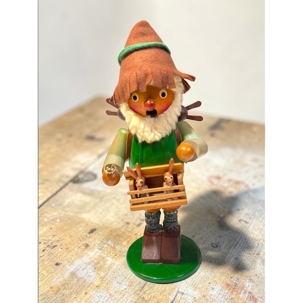 Vintage Steinbach Rabbit Rancher Handcrafted Wooden Smoker Figurine With Bunnies